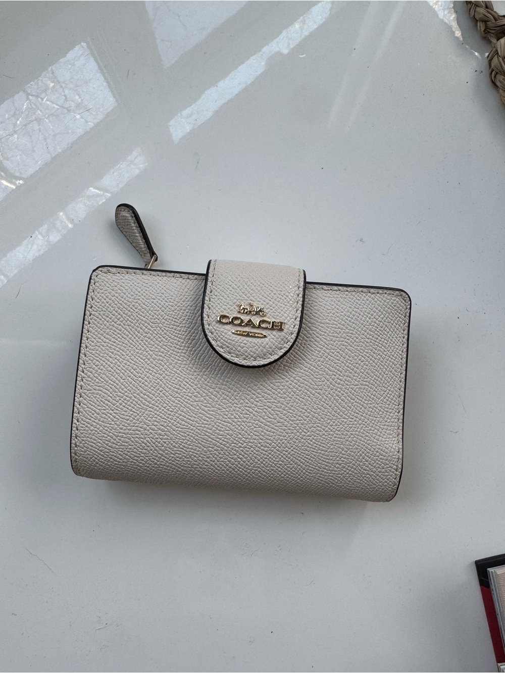 COACH Pebbled Leather Compact Wallet in Off-White with Gold Hardware
